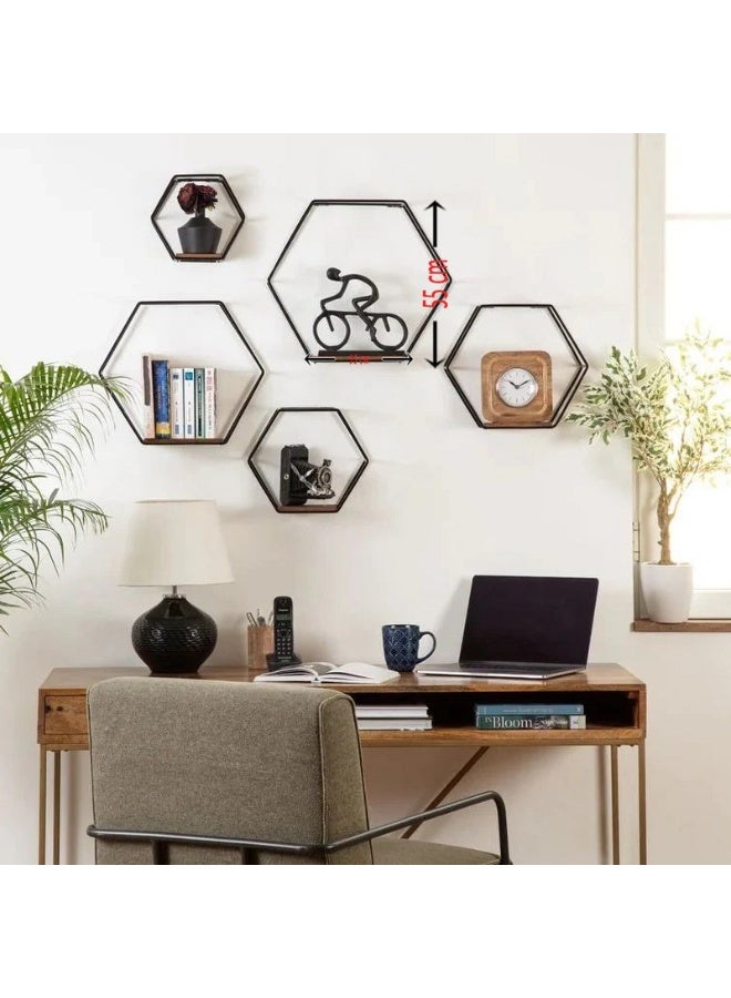 Home Gallery Set Of 5 Hexagon Wall Decor Shelf Brown55x10x55  - Image 2