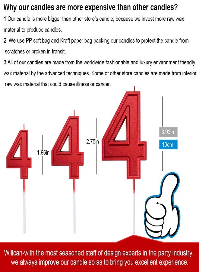 Willcan 3.93in Big Size Happy Birthday Metallic Red Number 4 Candles, Happy Birthday Cake Cupcake Toppers Decoration and Celebrating for Adults/Kids Party or Family Baking (3.93in red Number 4) - Image 2