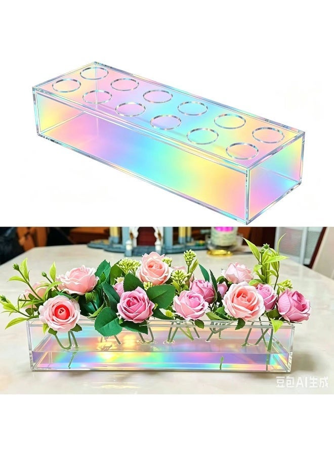 Peachjoy 12 Holes Acrylic Long Rectangular Vase, Long Rectangle Vase for Flowers, Modern Laser Holography Flower Vase Decoration for Home Decor Weddings - Image 1