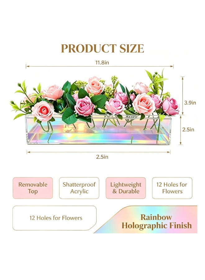 Peachjoy 12 Holes Acrylic Long Rectangular Vase, Long Rectangle Vase for Flowers, Modern Laser Holography Flower Vase Decoration for Home Decor Weddings - Image 2