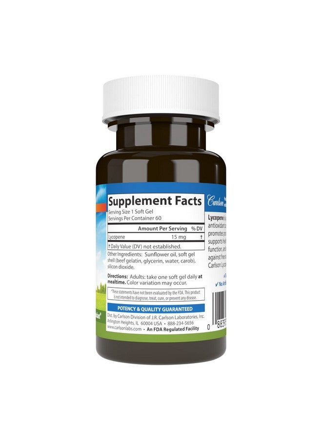 Carlson Lycopene 15 Mg Tomatofree Prostate Health & Circulation Support Optimal Wellness 60 Softgels - Image 3