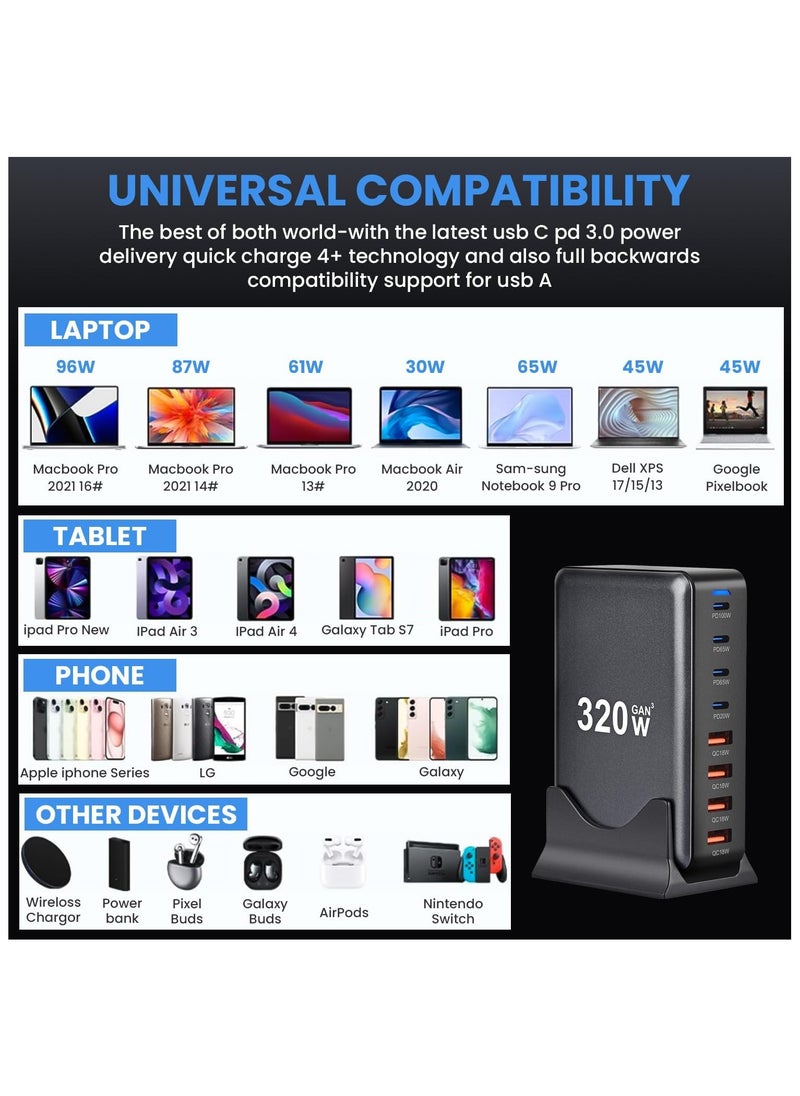MMG - 320W USB C Charger, 8 Port Fast Charging Station Type C Hub,PD 100W/65W/20/W Laptop Charger Adapter(Black) for iPad Phone 15 14 13 12 11 Pro Max etc - Image 1