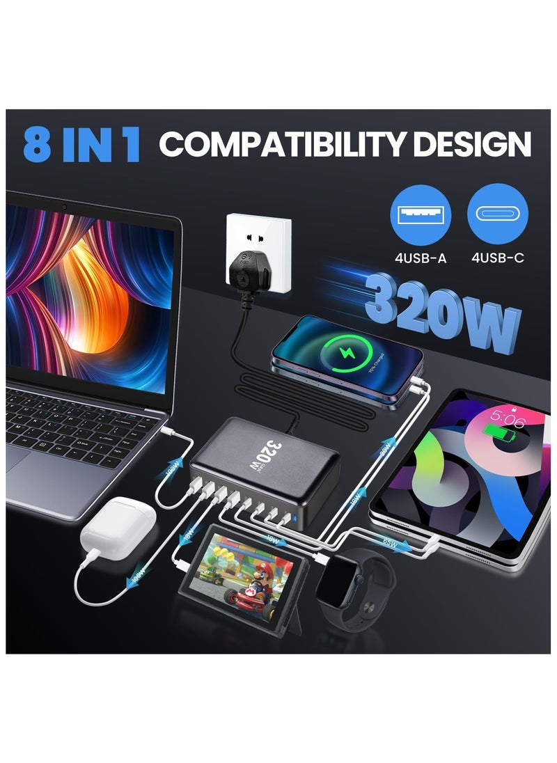 MMG - 320W USB C Charger, 8 Port Fast Charging Station Type C Hub,PD 100W/65W/20/W Laptop Charger Adapter(Black) for iPad Phone 15 14 13 12 11 Pro Max etc - Image 1