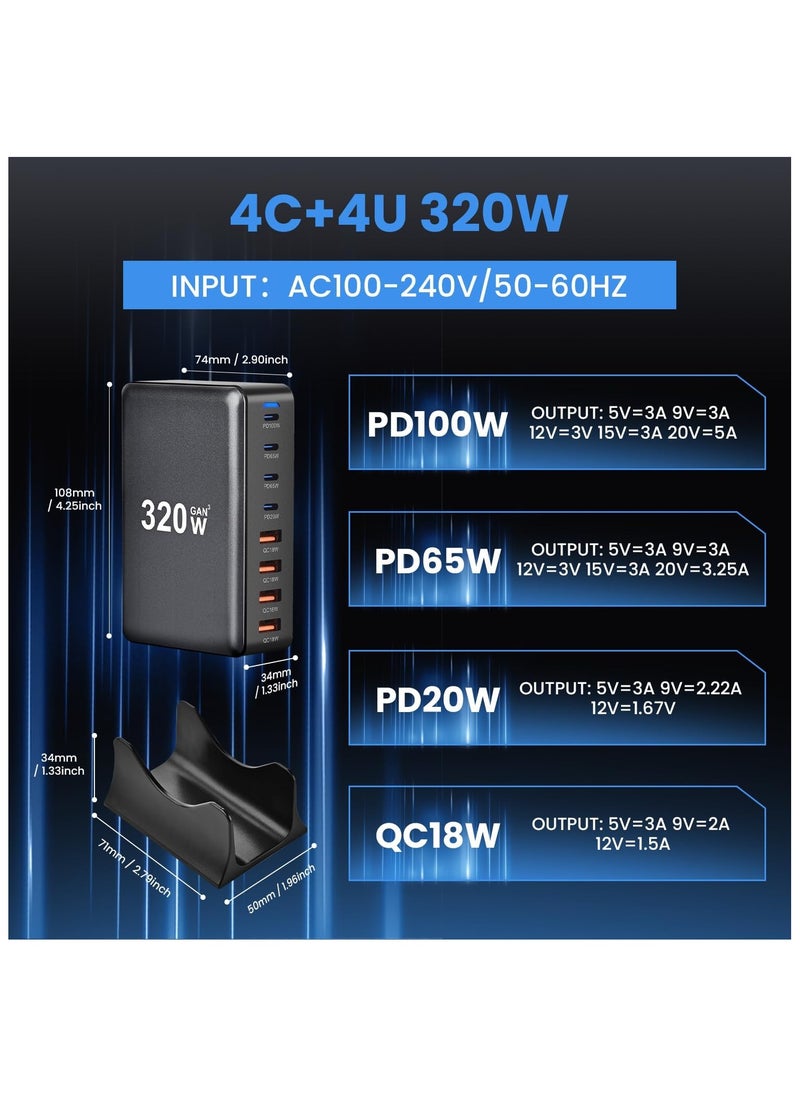 MMG - 320W USB C Charger, 8 Port Fast Charging Station Type C Hub,PD 100W/65W/20/W Laptop Charger Adapter(Black) for iPad Phone 15 14 13 12 11 Pro Max etc - Image 1