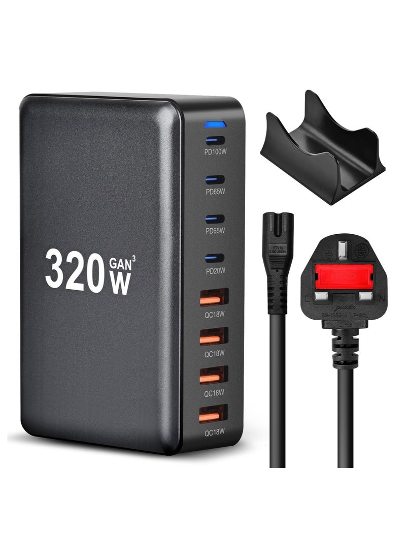 MMG - 320W USB C Charger, 8 Port Fast Charging Station Type C Hub,PD 100W/65W/20/W Laptop Charger Adapter(Black) for iPad Phone 15 14 13 12 11 Pro Max etc - Image 1