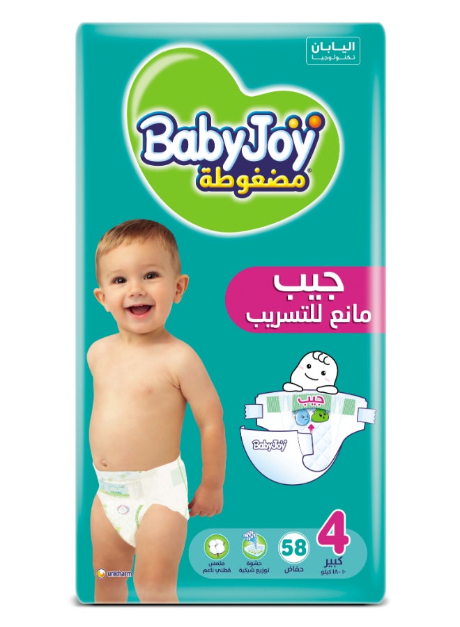 BabyJoy Compressed Diaper with Back Leakage Stopper, Size 4, Large, 10-18 Kg, Jumbo Pack, 58 Diapers - Image 1