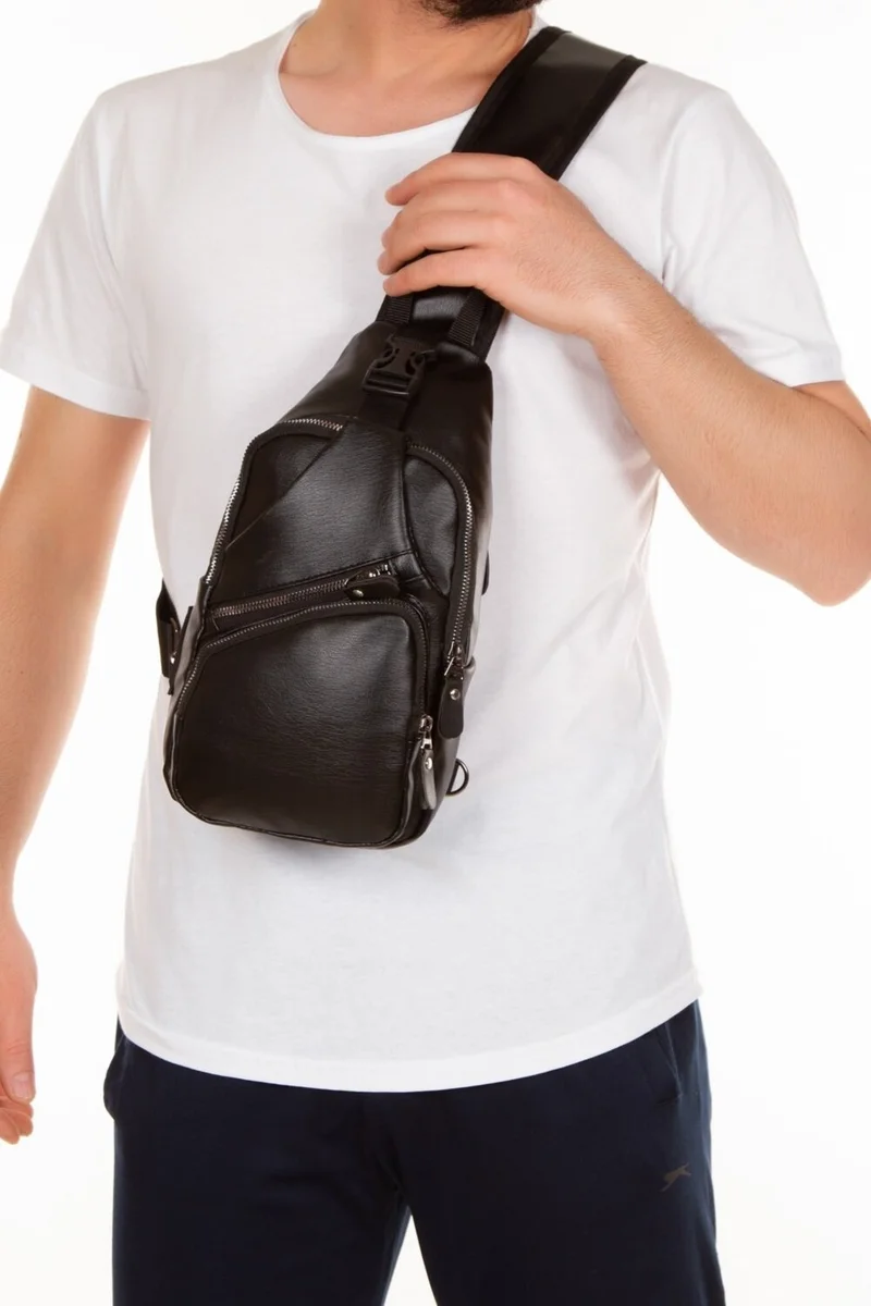 اديلينا باجز Black Washed Leather Chest and Shoulder Bag with Headphone Jack ADL-0317