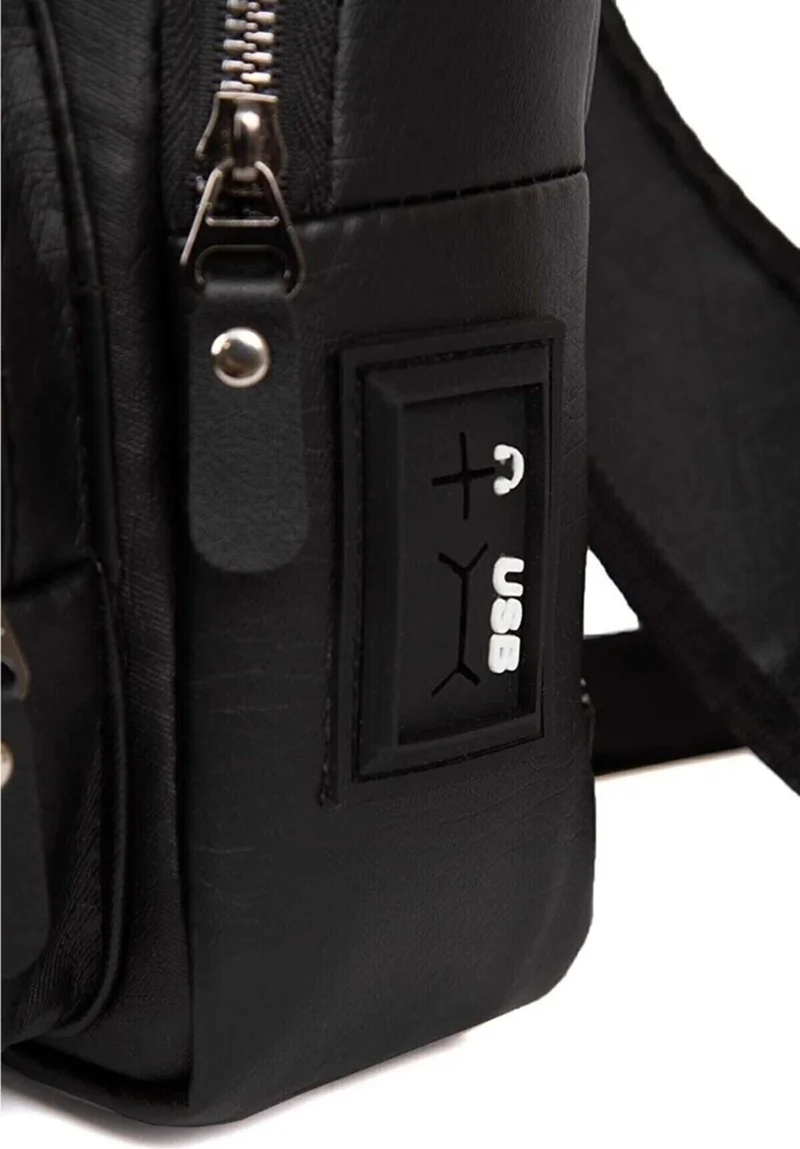 اديلينا باجز Black Washed Leather Chest and Shoulder Bag with Headphone Jack ADL-0317