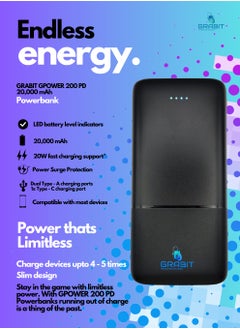 GRABIT Power Bank 20000mAh Fast & High-Capacity Charging power up with 20W PD & 18W QC for fast, efficient charging. Equipped with dual USB-A ports, Type-C input/output, and a total 20W output, it supports iPhone, Samsung, Xiaomi, OnePlus, Huawei, Google Pixel, iPads, AirPods, smartwatches, and more. The 4 power indicators track battery life, while its durable, textured design (396g) ensures a secure grip. Perfect for travel, work, and daily use!  - Image 2