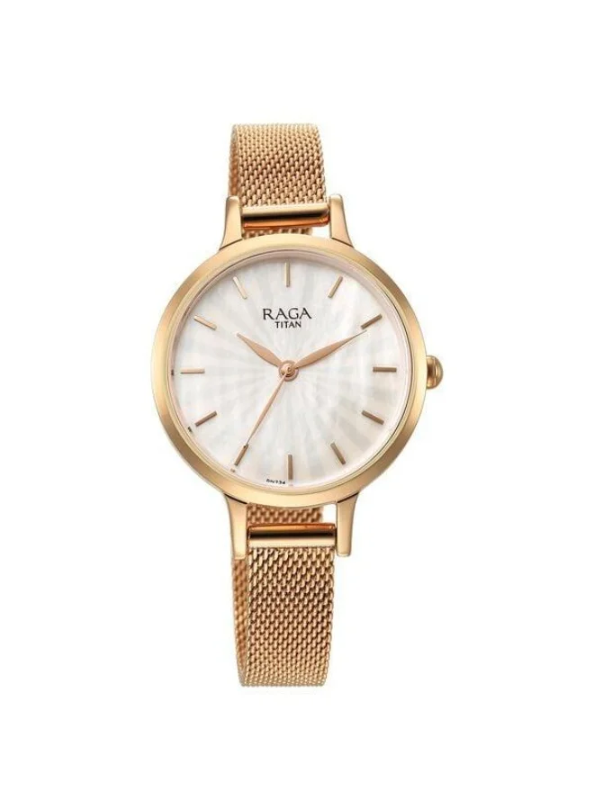 TITAN Raga Power Pearls Quartz Analog White Dial Rose Gold Metal Strap Watch for Women - 2666WM01