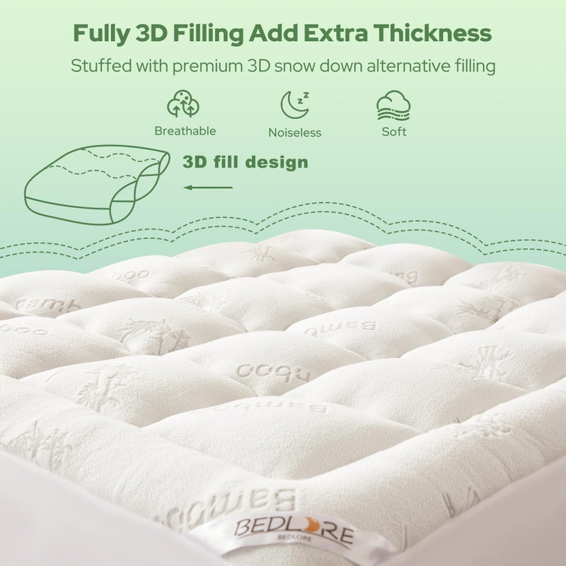 BEDLORE Full Size Mattress Topper Viscose Derived from Bamboo, Thick Pillow Top Mattress Pad with Stretchable Pockets for 6-15 inches Mattress, Breathable Mattress Topper for Back Pain Relief - Image 5