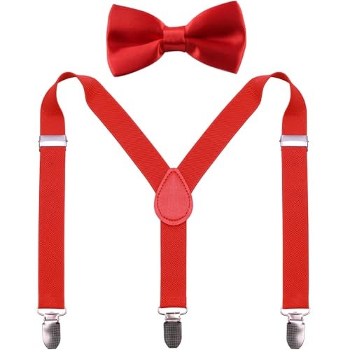 GUCHOL Child Kids Suspenders Bow Tie for Boys and Girls Adjustable Elastic Classic Accessory Sets Age 1 to 13 Year (Red, 33 INCH (6-13 Year)) - Image 1