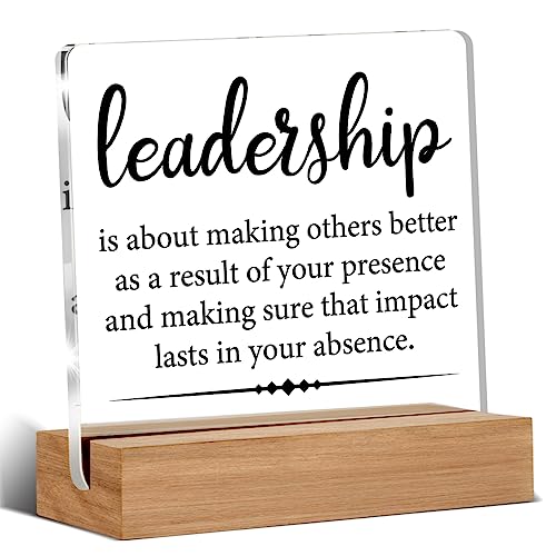 Oqtumes Gifts for Leader Boss Mentor Leadership Quote Clear Desk Decorative Sign Leadership is About Making Others Better Sayings Acrylic Sign With Wooden Stand for Desk Table Shelf - Image 1