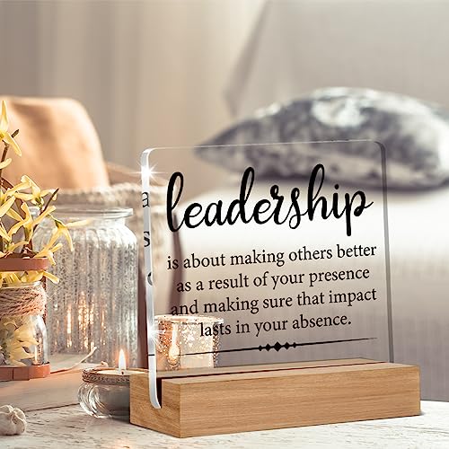 Oqtumes Gifts for Leader Boss Mentor Leadership Quote Clear Desk Decorative Sign Leadership is About Making Others Better Sayings Acrylic Sign With Wooden Stand for Desk Table Shelf - Image 4