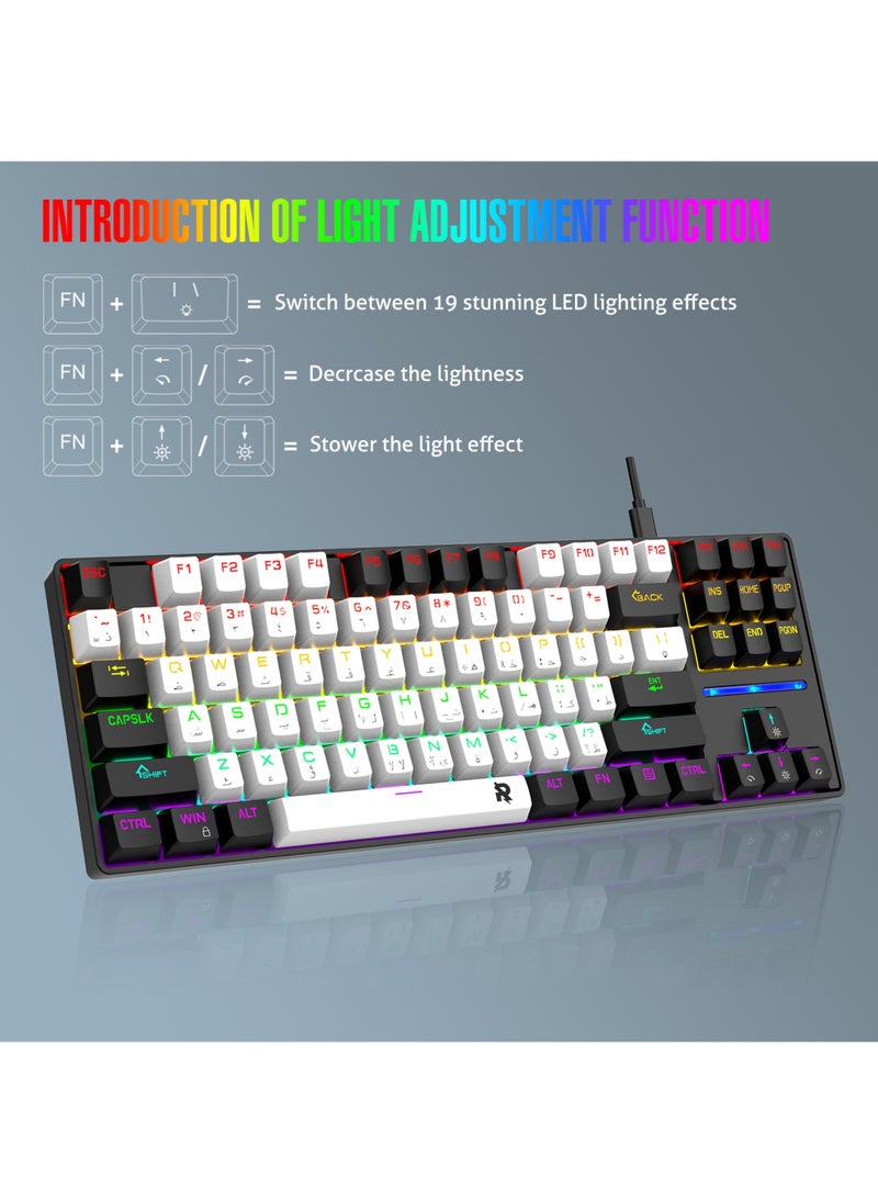 Rock Pow 75% Gaming Keyboard Arabic English 87 Keys Mechanical Keyboard with RGB Backlit 19 Modes Wired Mini Keyboard PBT Keycaps for PC Gaming and Working (Blue Switch)  - Image 3