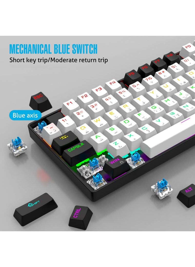 Rock Pow 75% Gaming Keyboard Arabic English 87 Keys Mechanical Keyboard with RGB Backlit 19 Modes Wired Mini Keyboard PBT Keycaps for PC Gaming and Working (Blue Switch)  - Image 2