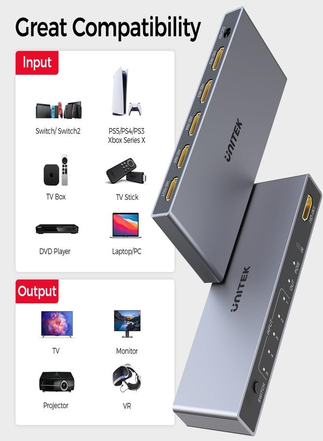يوني تيك موزع HDMI من Unitek، 5 مداخل ومخرج واحد، يدعم دقة 4K بمعدل 30 هرتز، ويدعم تقنية 3D وHDCP 1.3 وHBR. يأتي مع جهاز تحكم عن بعد، ومتوافق مع Nintendo Switch وPS5/4 وXbox وRoku وApple TV وFire Stick ومشغل Blu-ray. - Image 5