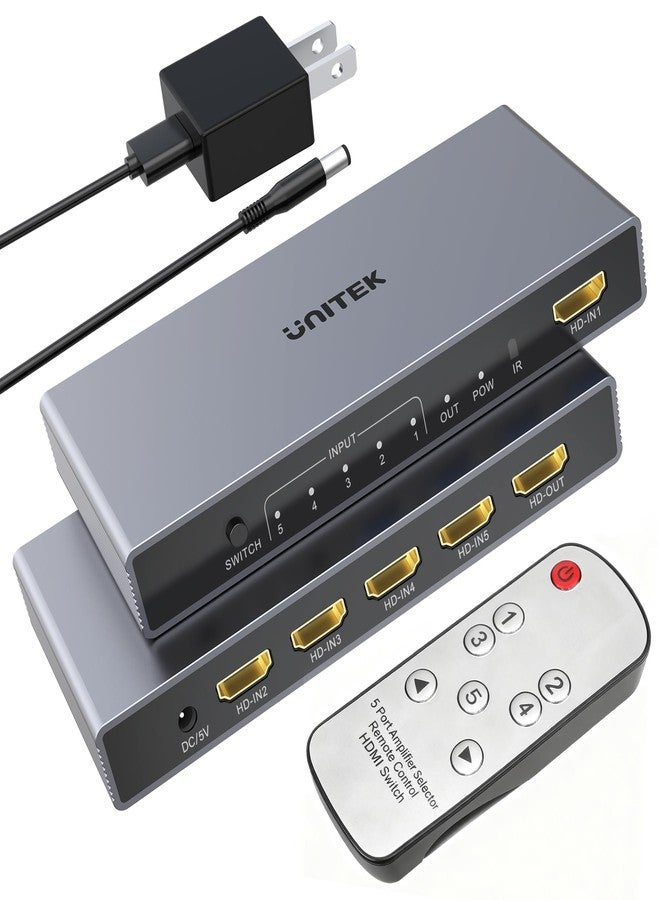 Unitek HDMI Switch 5 in 1 Out 4K@30Hz HDMI Splitter Supports 3D HDCP1.3 HBR 5 Port Switcher Selector Box with Remote Compatible with Nintendo Switch PS5/4 Xbox Roku Apple TV Fire Stick Blu-Ray Player