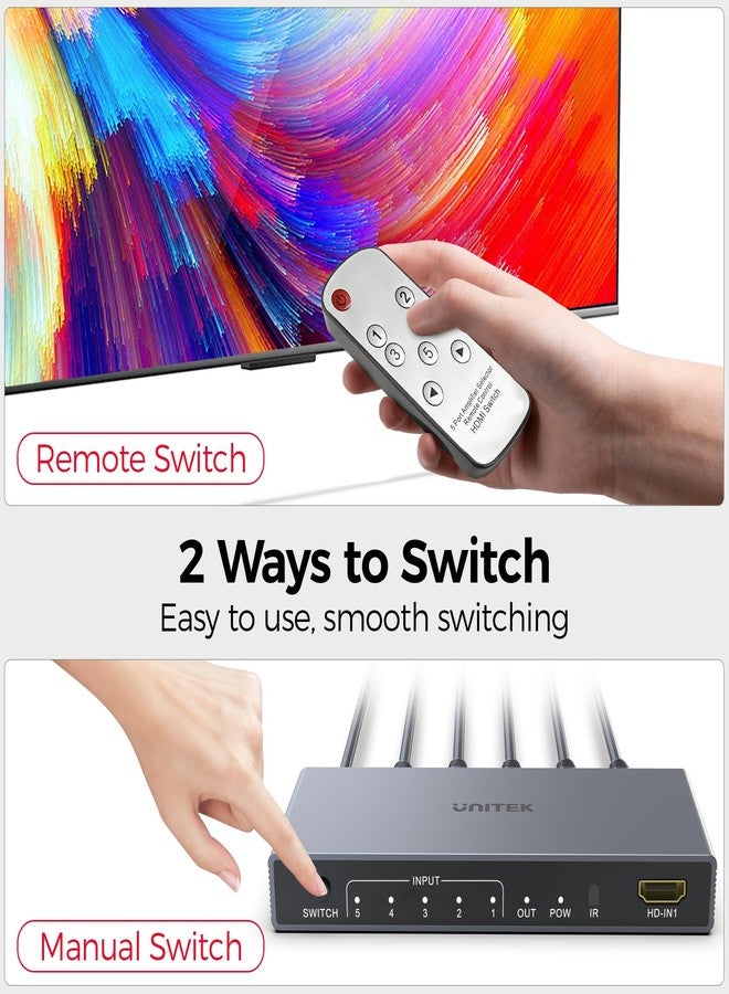 يوني تيك موزع HDMI من Unitek، 5 مداخل ومخرج واحد، يدعم دقة 4K بمعدل 30 هرتز، ويدعم تقنية 3D وHDCP 1.3 وHBR. يأتي مع جهاز تحكم عن بعد، ومتوافق مع Nintendo Switch وPS5/4 وXbox وRoku وApple TV وFire Stick ومشغل Blu-ray. - Image 4