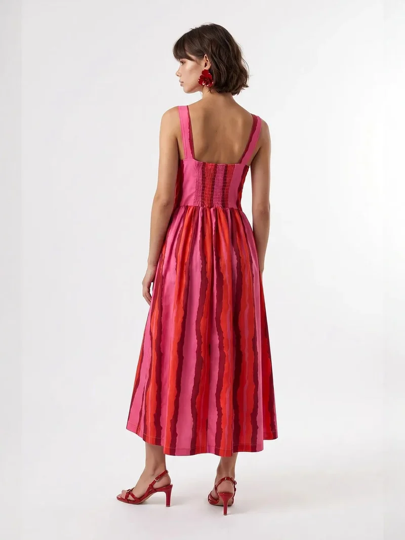Mixray Multicolor MIXRAY Striped A-line Midi Dress With Tie Detail for Women | Best Price UAE