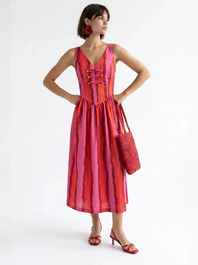Mixray Multicolor MIXRAY Striped A-line Midi Dress With Tie Detail for Women | Best Price UAE