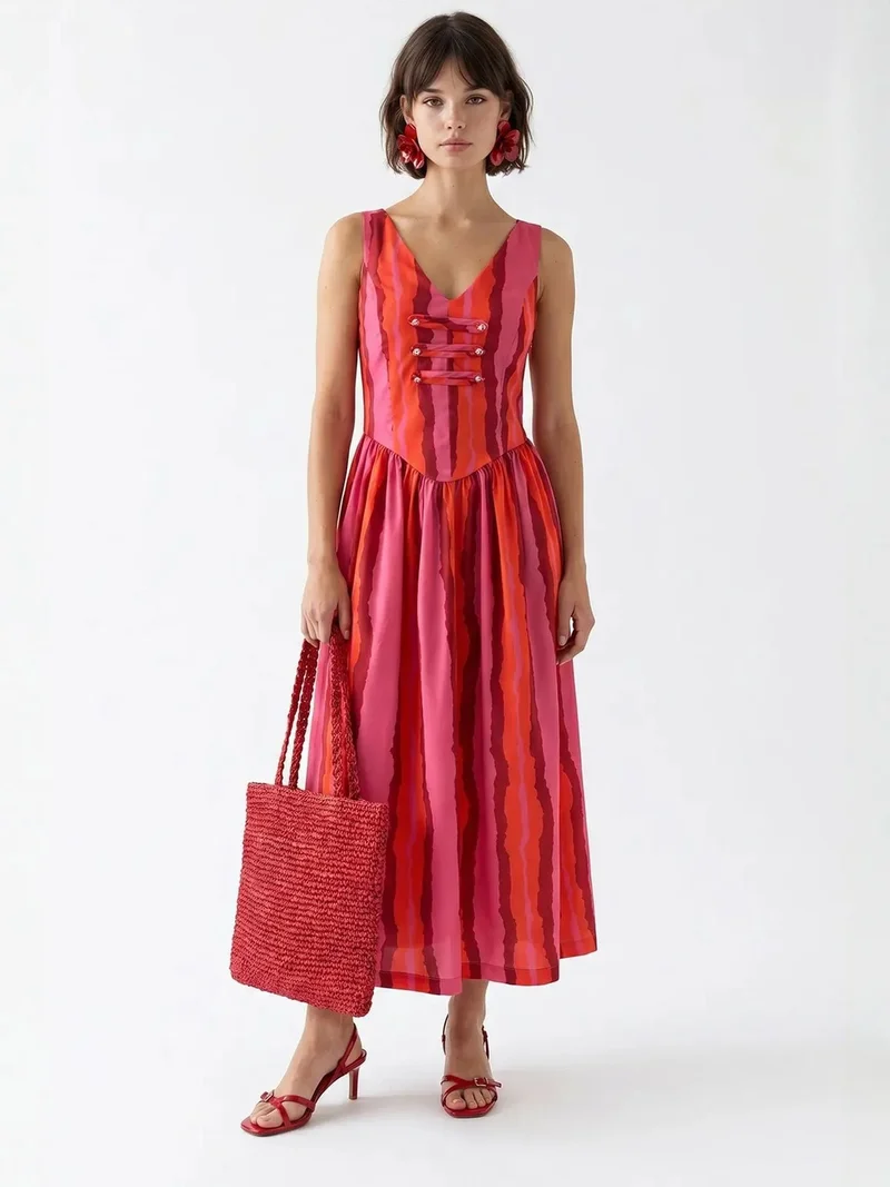 ميكسراي MIXRAY Striped A-line Midi Dress With Tie Detail