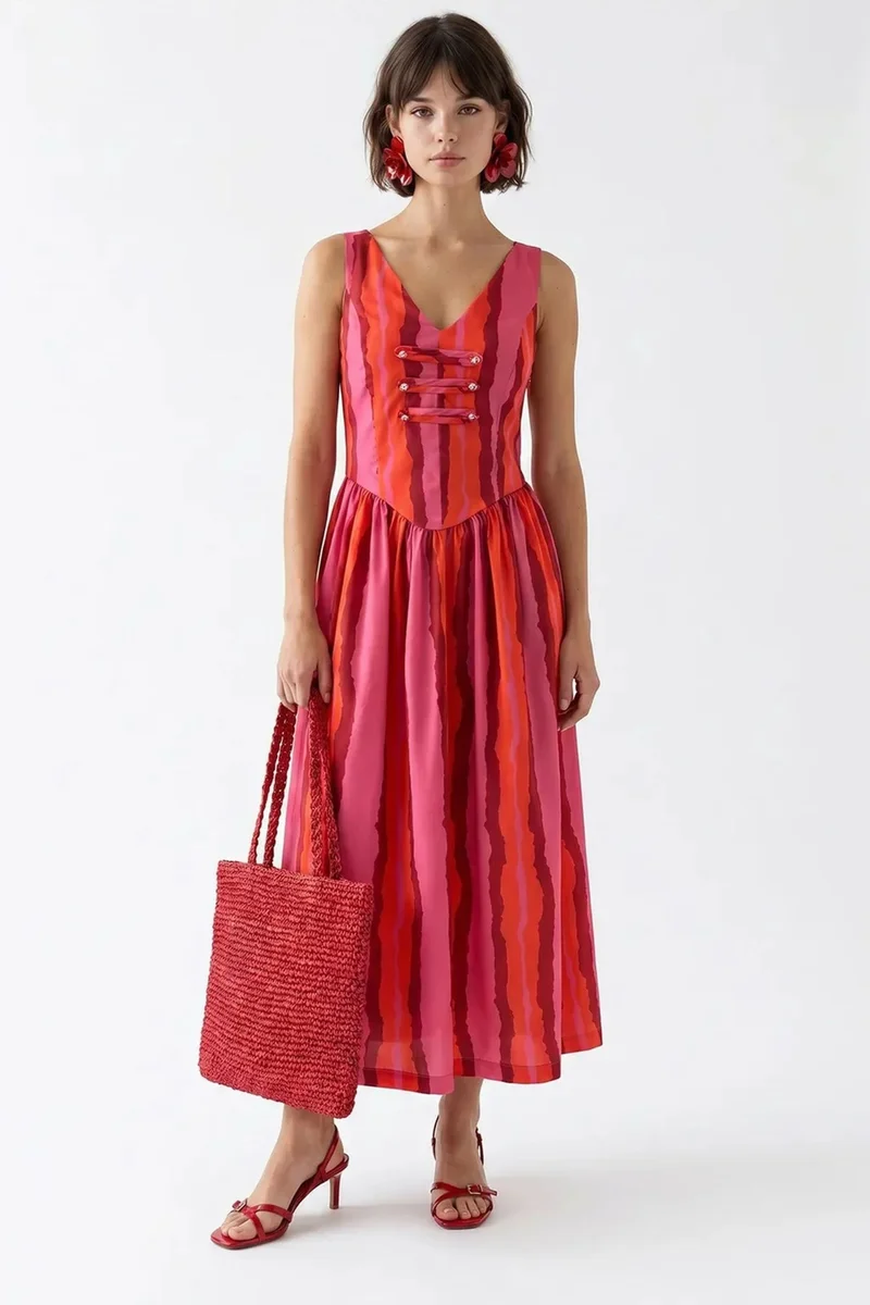 ميكسراي MIXRAY Striped A-line Midi Dress With Tie Detail