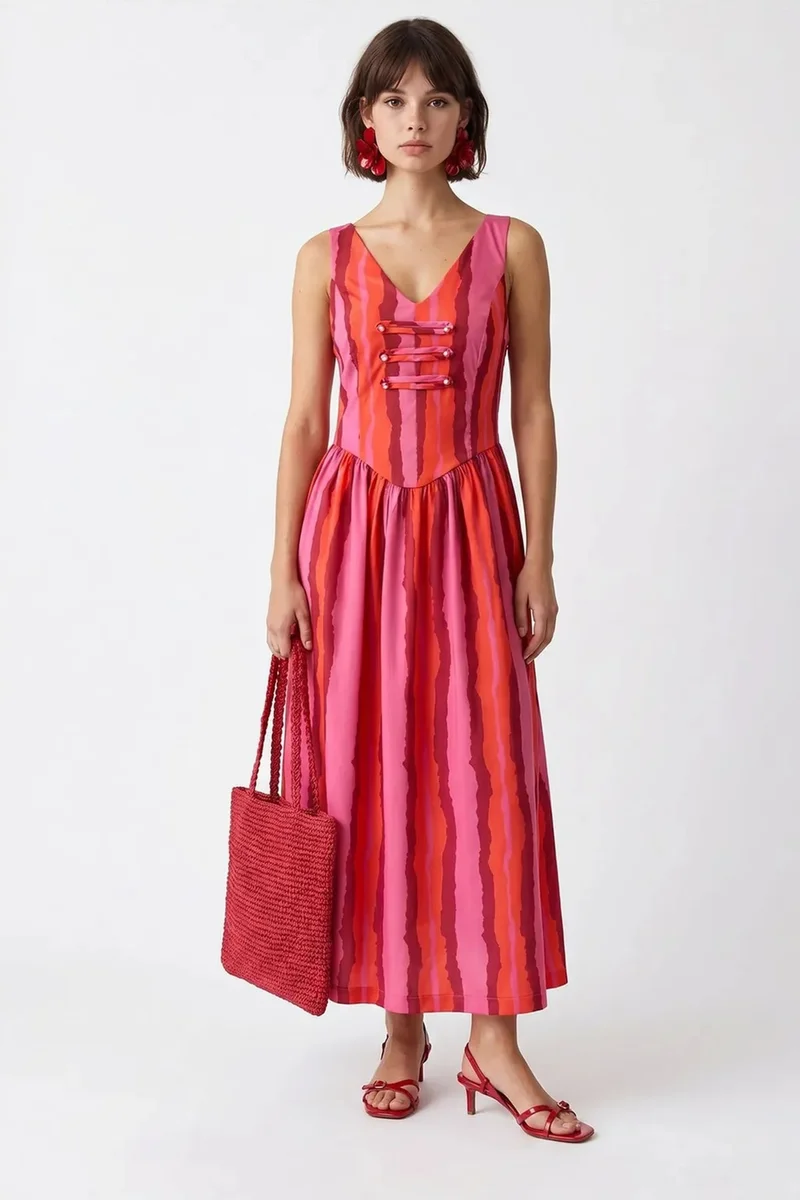 ميكسراي MIXRAY Striped A-line Midi Dress With Tie Detail