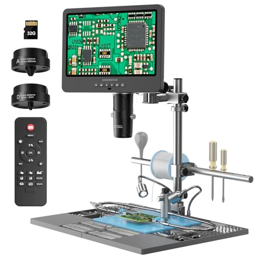 Andonstar AD249S-M Plus 10.1'' HDMI Soldering Digital Microscope for Electronics Repair, 2000x 3 Lens 2160P UHD Video Record, Soldering Microscope Station with Helping Hands, Slides, 32GB Card - Image 1
