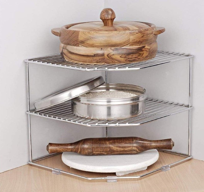 Cri8Hub Multipurpose Storage Corner Shelf For Plates,Bowls & Cups Dish Corner Rack Stand Shelves Holder ( Stainless Steel) - Image 1