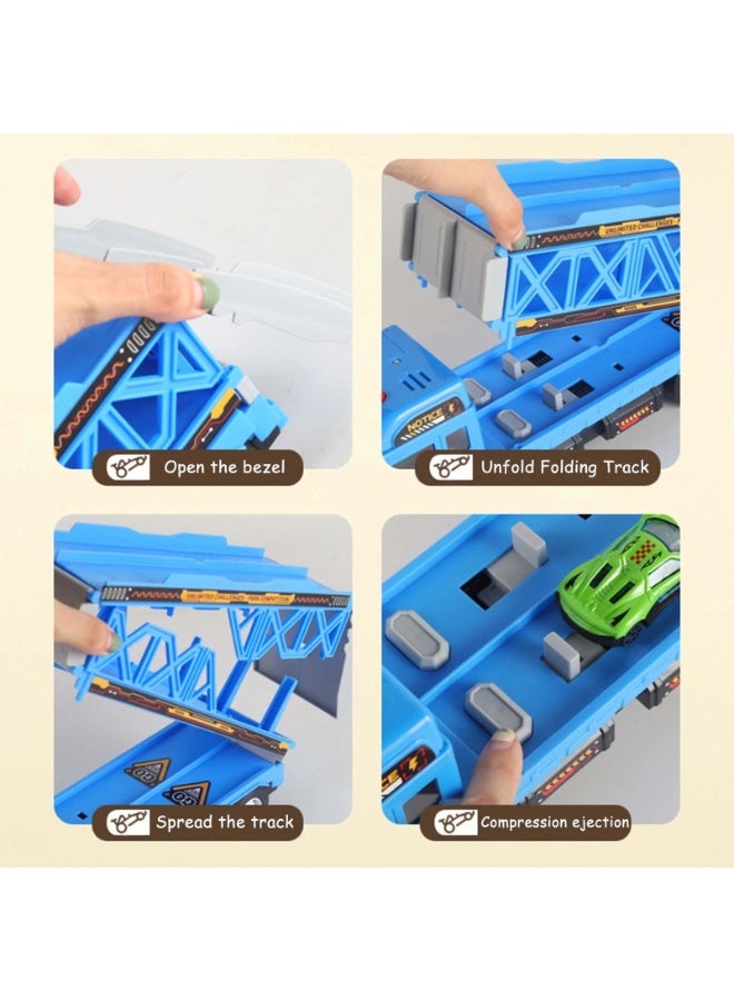 سمارتكس شاحنة نقل ضخمة مع مسار سباق للقذف، شاحنة نقل سيارات مع مسارات سباق قابلة للطي، شاحنة لعبة مع فتحات ومسارات سباق قابلة للطي، مجموعة ألعاب سيارات للأطفال الصغار، شاحنة حاوية مع 8 سيارات من السبائك، مجموعة ألعاب مركبات، أفضل هدية مفاجئة للأطفال والصغار - Image 5