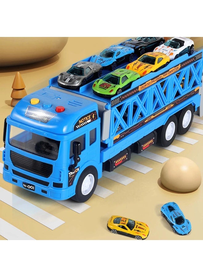 سمارتكس شاحنة نقل ضخمة مع مسار سباق للقذف، شاحنة نقل سيارات مع مسارات سباق قابلة للطي، شاحنة لعبة مع فتحات ومسارات سباق قابلة للطي، مجموعة ألعاب سيارات للأطفال الصغار، شاحنة حاوية مع 8 سيارات من السبائك، مجموعة ألعاب مركبات، أفضل هدية مفاجئة للأطفال والصغار - Image 4