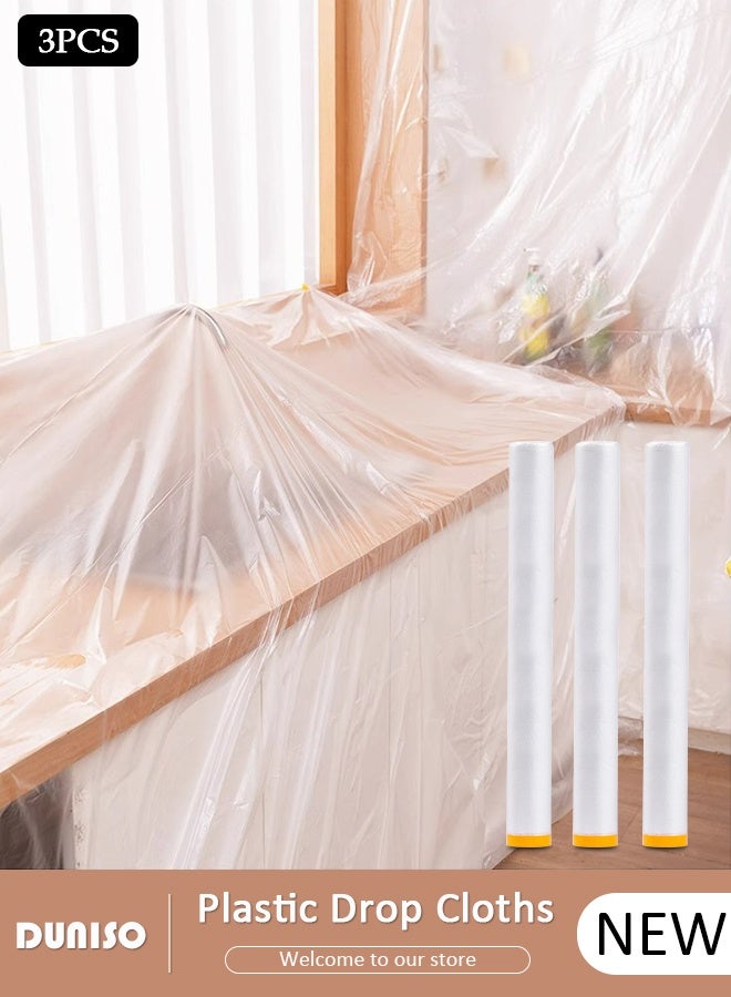DUNISO 3 Pcs 2.7M x 20M Tape and Drape,Environmental  Plastic Drop Cloth Plastic Sheeting with Masking Tape,Waterproof Dust-Proof Protective Masking Film,Prevent Dust Paint Cover for Car,Furniture,Carpet,Floor,Bed - Image 1
