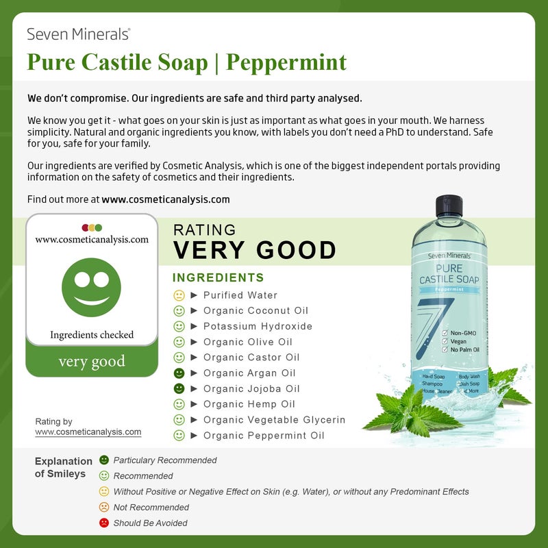 Seven Minerals Pure Castile Soap Peppermint No Palm Oil GMOFree Gentle Liquid Soap For Sensitive Skin Baby Wash All Natural Vegan Formula with Organic Carrier Oils 338 fl oz - Image 2