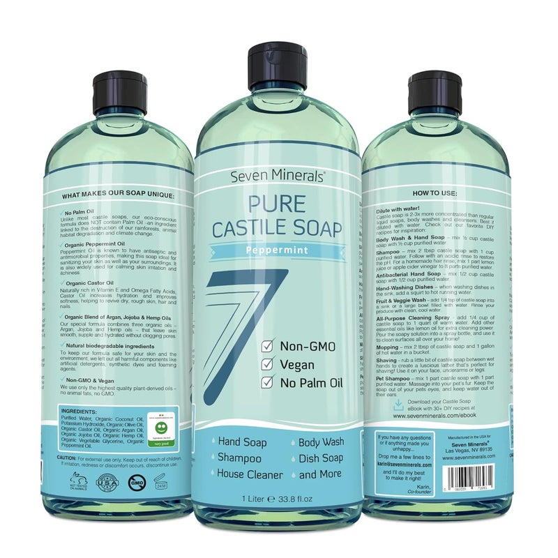Seven Minerals Pure Castile Soap Peppermint No Palm Oil GMOFree Gentle Liquid Soap For Sensitive Skin Baby Wash All Natural Vegan Formula with Organic Carrier Oils 338 fl oz - Image 3