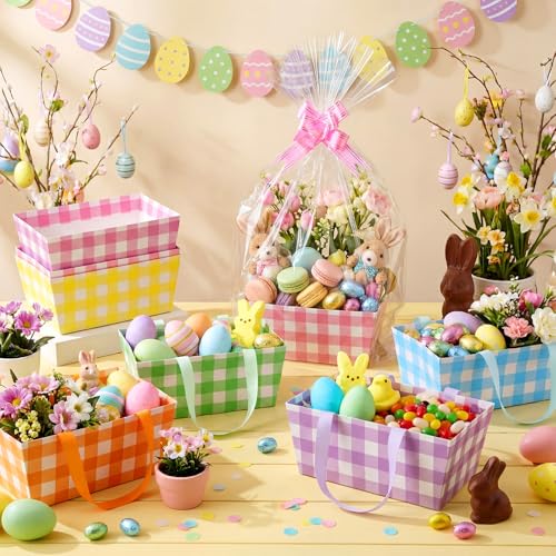 Funnymoom 12 Pcs Easter Basket for Gifts Empty with Cellophane Bag & Ribbon Bow Purple Green Pink Easter Plaid Gift Wrapping Basket for Spring Birthday Wedding Party Favor Supplies 9.8 x 6.5'' - Image 2