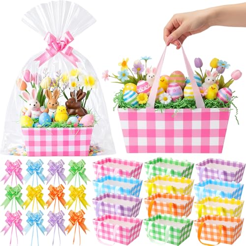 Funnymoom 12 Pcs Easter Basket for Gifts Empty with Cellophane Bag & Ribbon Bow Purple Green Pink Easter Plaid Gift Wrapping Basket for Spring Birthday Wedding Party Favor Supplies 9.8 x 6.5'' - Image 1
