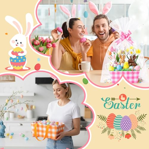 Funnymoom 12 Pcs Easter Basket for Gifts Empty with Cellophane Bag & Ribbon Bow Purple Green Pink Easter Plaid Gift Wrapping Basket for Spring Birthday Wedding Party Favor Supplies 9.8 x 6.5'' - Image 5