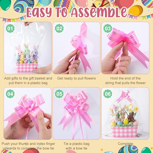 Funnymoom 12 Pcs Easter Basket for Gifts Empty with Cellophane Bag & Ribbon Bow Purple Green Pink Easter Plaid Gift Wrapping Basket for Spring Birthday Wedding Party Favor Supplies 9.8 x 6.5'' - Image 4
