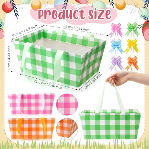 Funnymoom 12 Pcs Easter Basket for Gifts Empty with Cellophane Bag & Ribbon Bow Purple Green Pink Easter Plaid Gift Wrapping Basket for Spring Birthday Wedding Party Favor Supplies 9.8 x 6.5'' - Image 3