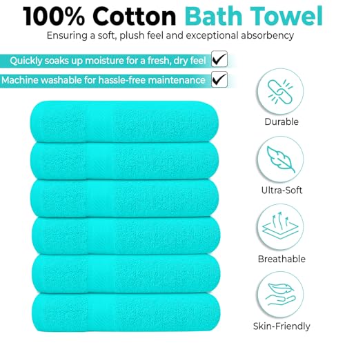 KAHAF COLLECTION Pack of 6 Bath Towels 27 x 54 Inches, 100% Cotton, Larger & Lighter Weight, Quicker to Dry, Super Soft and Absorbent, Perfect for Bathroom (Aqua, Pack of 6 (27''x54'')) - Image 2