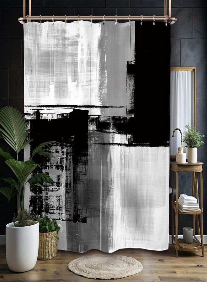 Miyotaa Abstract Black White Gray Shower Curtain Set 60Wx71H Inches Modern Minimalist Neutral Aesthetic Contemporary Brushstroke Art Waterproof Bathroom Curtain with 12 Hooks - Image 2