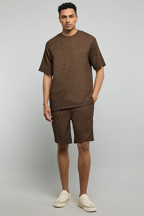 أر أند بي Textured T-Shirt with Crew Neck and Short Sleeves