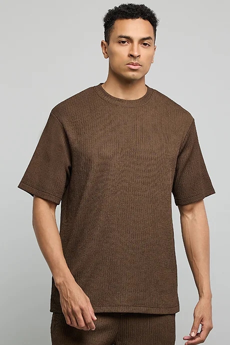 أر أند بي Textured T-Shirt with Crew Neck and Short Sleeves
