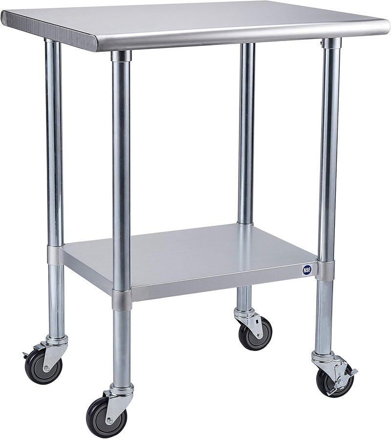 ROCKPOINT Stainless Steel Table for Prep  Work with Caster Wheels 24x30 Inches NSF Metal Commercial Kitchen Heavy Duty Table with Adjustable Under Shelf and Table Foot for Restaurant Home and Hotel