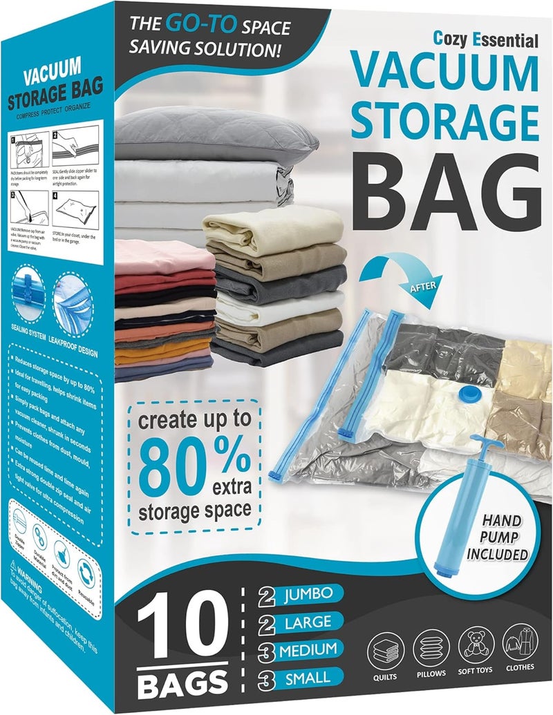 Cozy Essential Vacuum Storage Bags, Space Saver Bags，Compression for Comforters and Blankets, Pillow, Bedding, Sealer Clothes Storage,10 Combo - Image 1