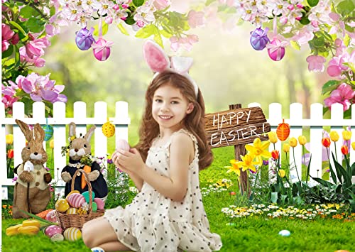 CYLYH 8x6ft Easter Backdrop Spring Garden Photography Backdrop Green Grass Lawn Pink Floral Fence Background Children Birthday Party Banner Easter Party Banner - Image 3