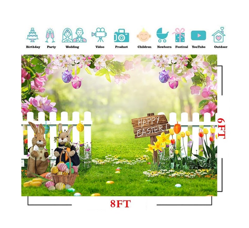 CYLYH 8x6ft Easter Backdrop Spring Garden Photography Backdrop Green Grass Lawn Pink Floral Fence Background Children Birthday Party Banner Easter Party Banner - Image 5