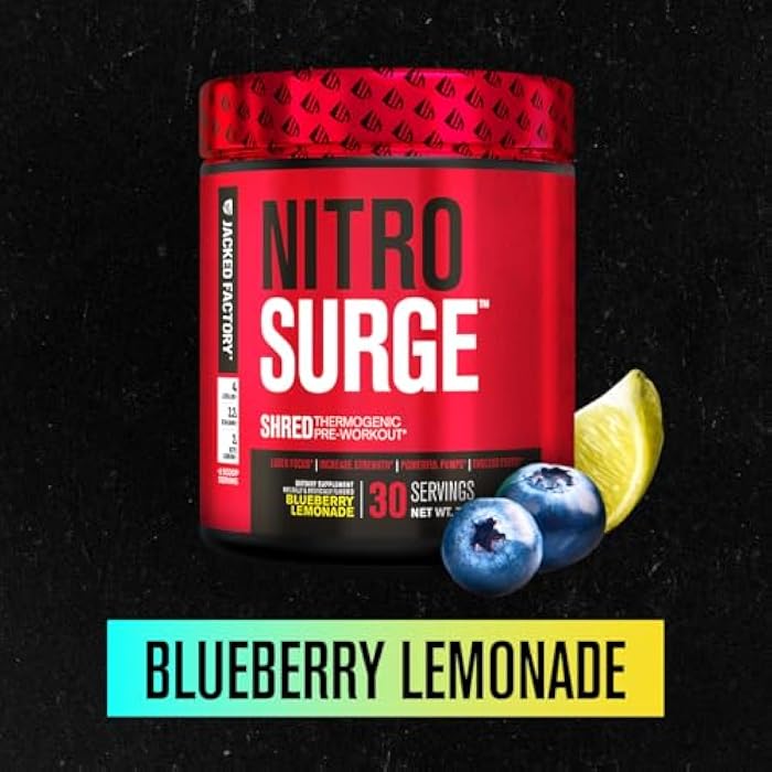 Jacked Factory NITROSURGE Shred Pre Workout Supplement - Energy Booster, Instant Strength Gains, Sharp Focus, Powerful Pumps - Nitric Oxide Booster & PreWorkout Powder - 30Sv, Blueberry Lemonade - Image 3