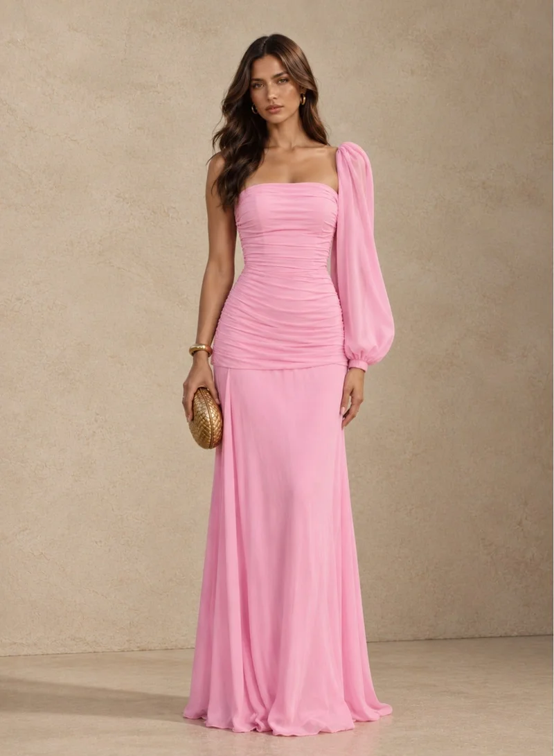 Ginger One Shoulder Ruched Dropwaist Dress in Pink